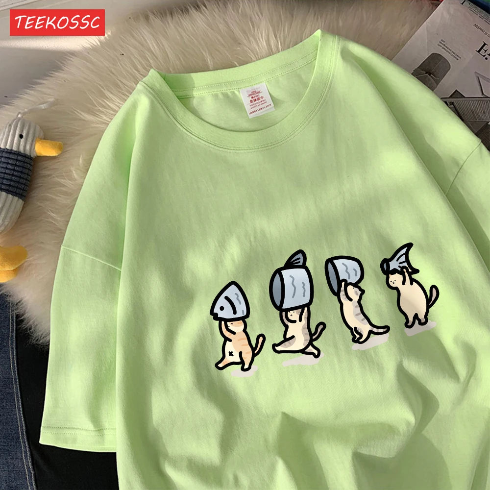 Четири малки котки, държащи рибен памук, дамски тениски с анимационни принтове, меки тениски с О-образно деколте, широки топове с къс ръкав, летни дрехи