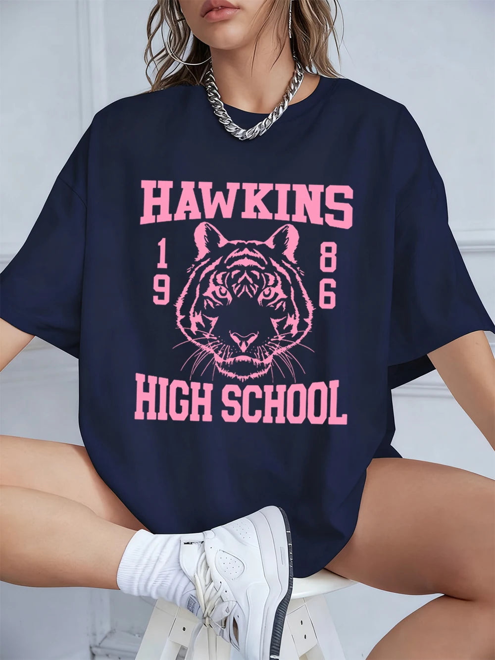 Памучни тениски с щампи на Hawkins за жени, летни топове с къс ръкав, улична тениска с О-образно деколте, големи размери, ежедневни дамски дрехи