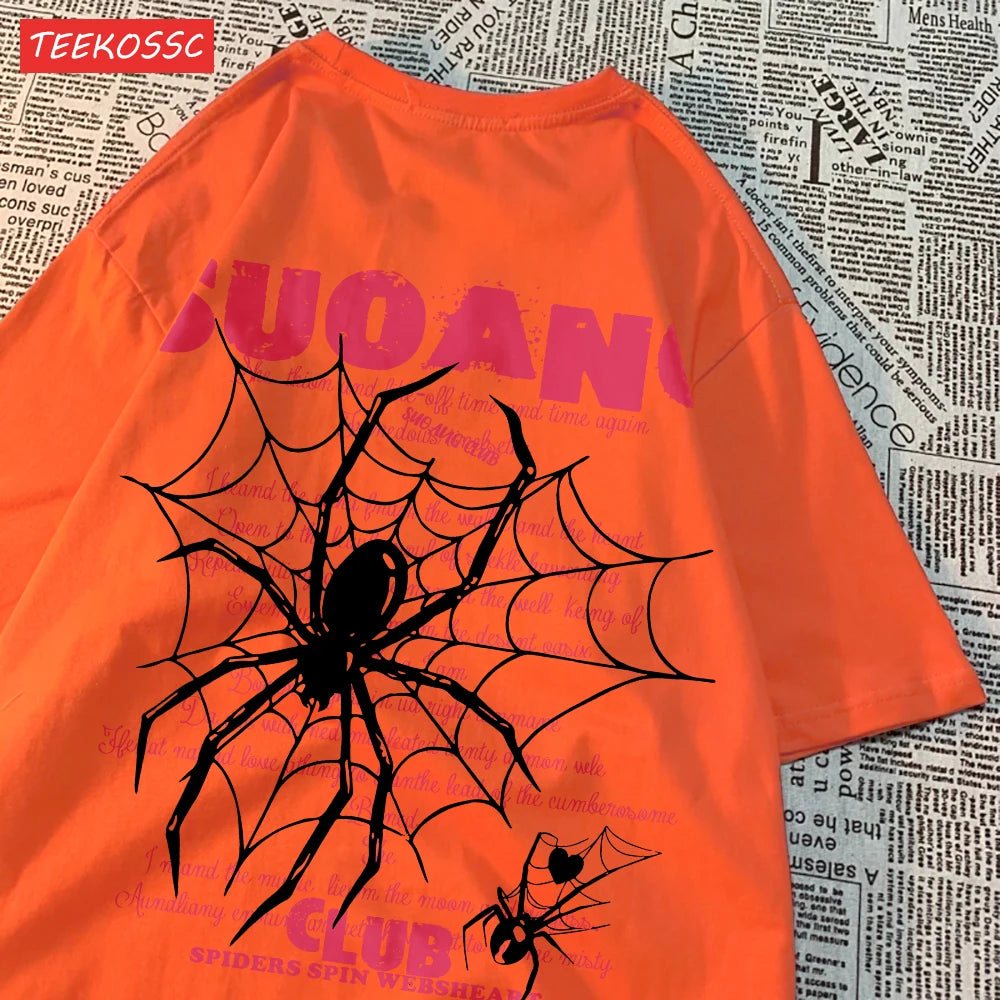 Модни памучни дамски тениски Suo Ang Club Spider Print Tops Oversize O-neck Soft Short Sleeve Summer Casual Damske Dress