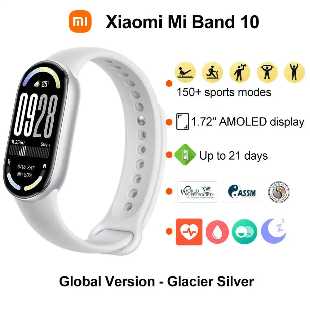 Нова смарт гривна Xiaomi Mi Band 10, 1.72'' AMOLED дисплей, мониторинг на пулса и кислорода в кръвта, 150+ спортни режима, BT5.4 смарт гривна
