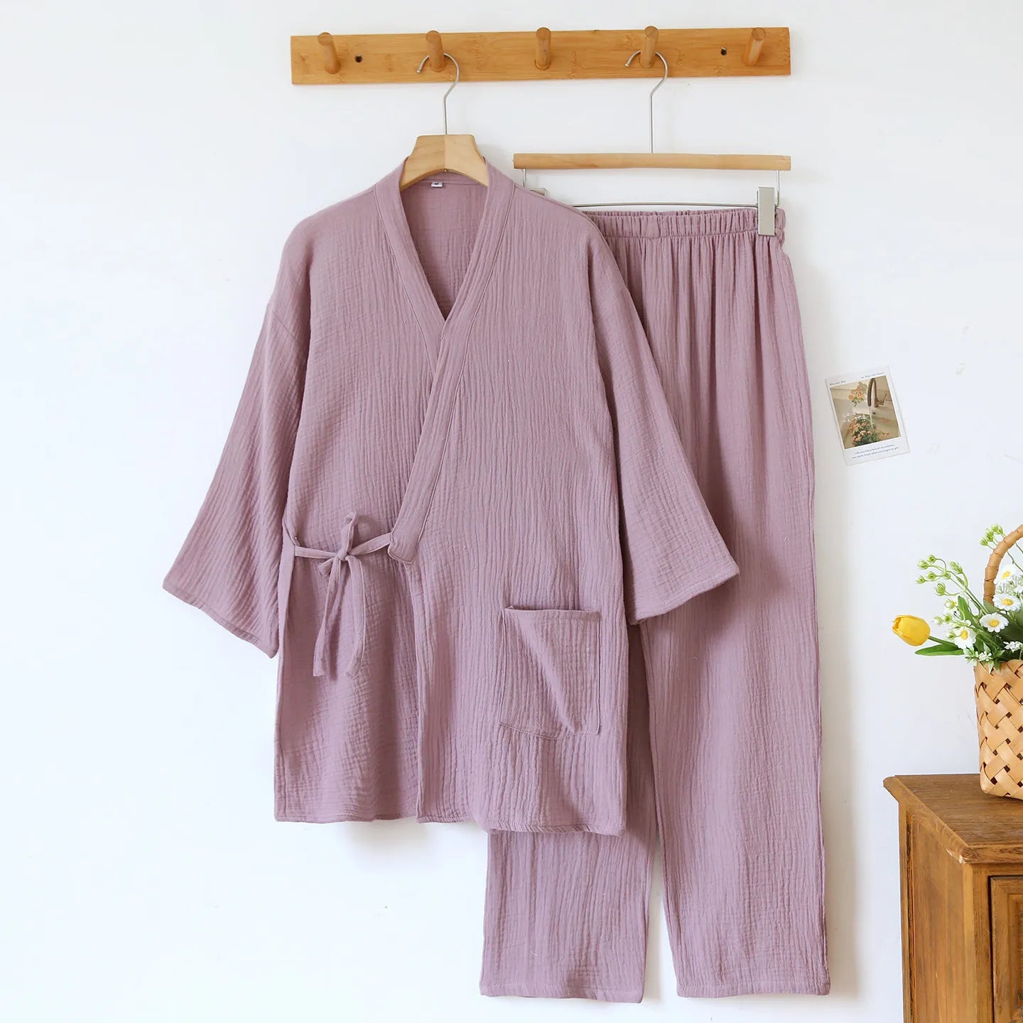 Пролет/Лято 2026 Нов комплект японско кимоно за двойки 100% памучен мъжки и дамски ежедневен широк домашен комплект от две части с косъм