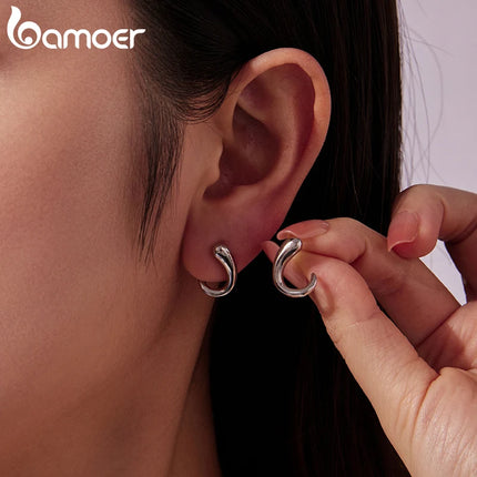 Сребърни обеци BAMOER 925, лъскави, с форма на капка, хипоалергенни, с кука, запетая, за жени, минималистичен метален подарък