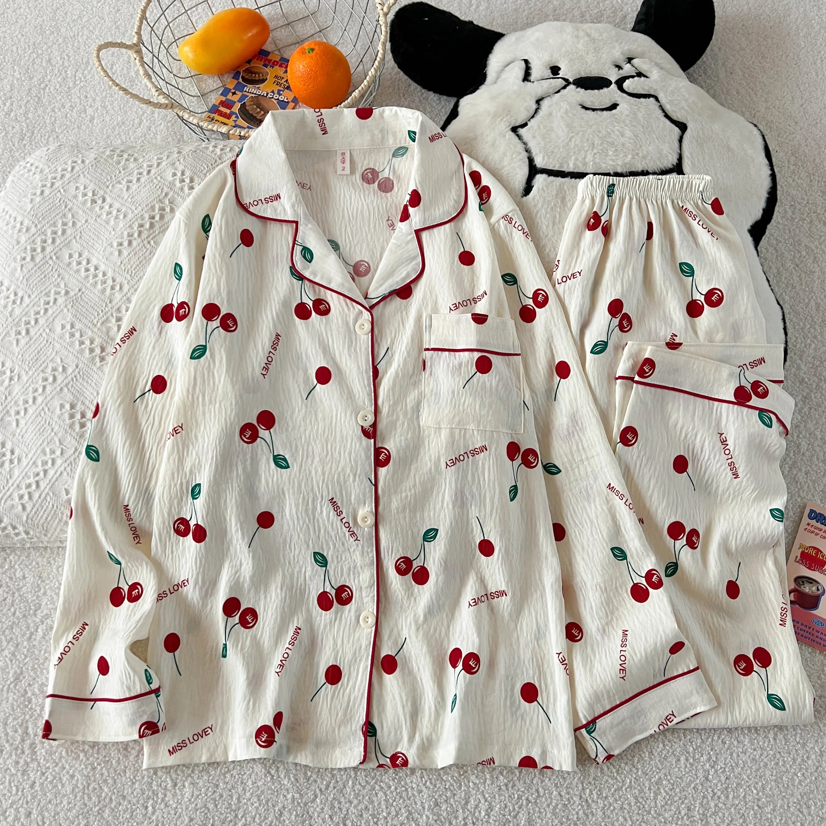 Дамски пижамен комплект с черешов принт, есенно-пролетен кариран принт, домашен комплект с дълъг ръкав, жилетка и панталон