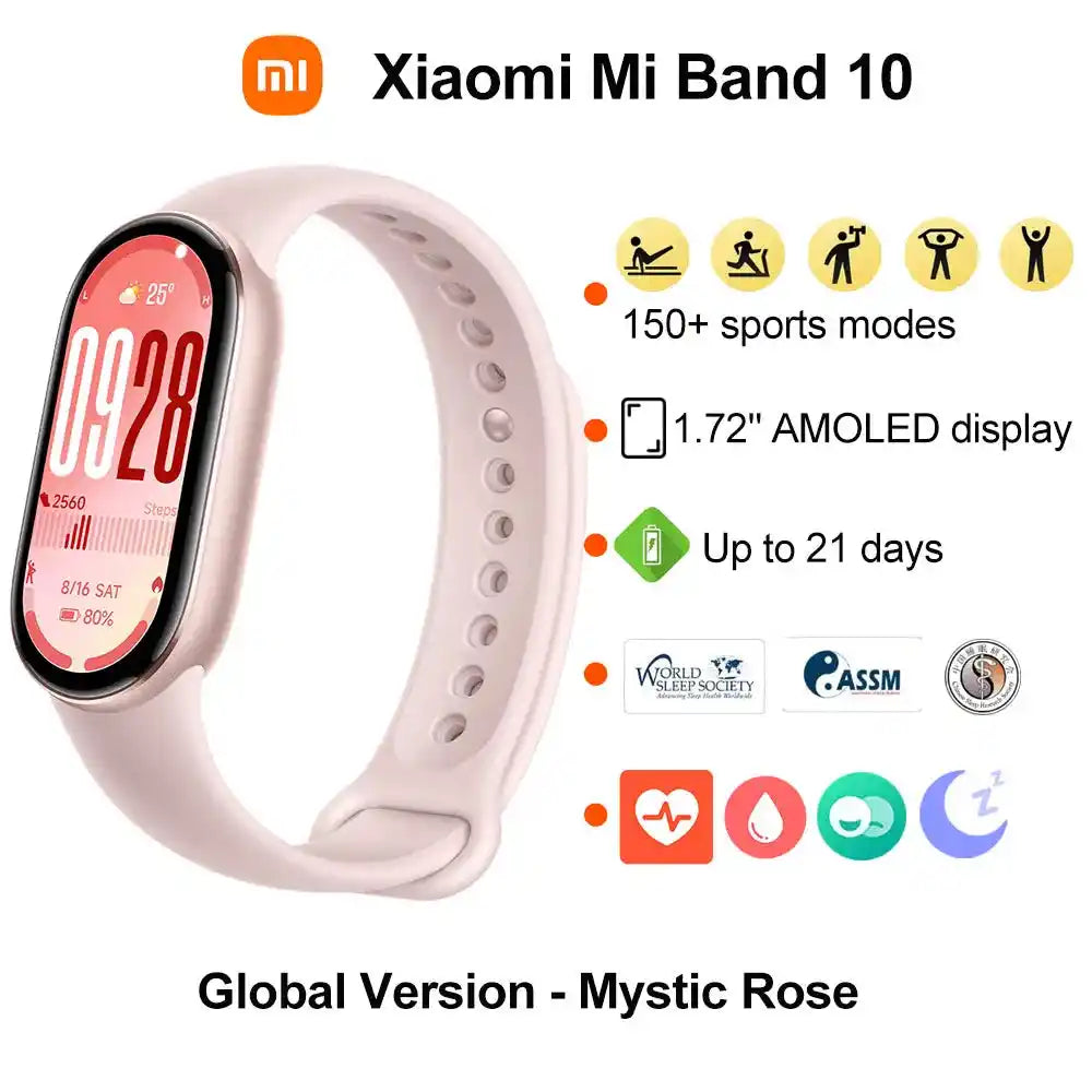 Нова смарт гривна Xiaomi Mi Band 10, 1.72'' AMOLED дисплей, мониторинг на пулса и кислорода в кръвта, 150+ спортни режима, BT5.4 смарт гривна