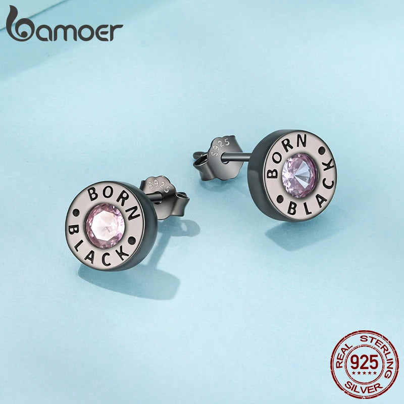 BAMOER Сребърни обеци 925, кръгли, черни, с розов циркон, хипоалергенни, за жени и момичета, пънк парти подарък