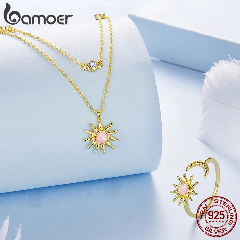 BAMOER Сребърно колие 925 с розов опал слънце, двуслойна верижка с циркони, позлатено с 18-каратово злато, подарък за майка