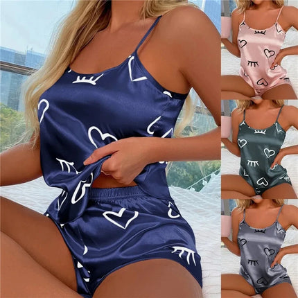 Дамска пижама от ледена коприна, комплект пижама, шорти, потник, размер L, XL, XXL, сив, розов, с ниско деколте, удобни, ежедневни, летни