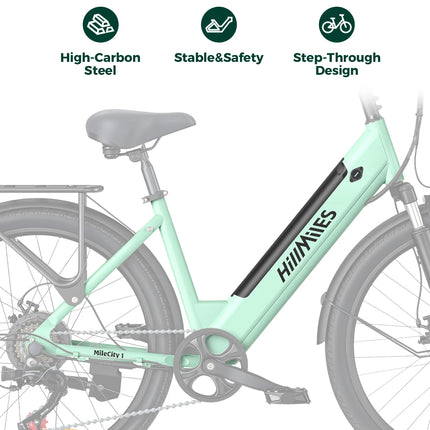 MileCity 1 26" електрически велосипед за пътуване до работа, пробег 120 км, 250 W, батерия 36 V 13 Ah, скорост 25 км/ч, 7 предавки, дискови спирачки
