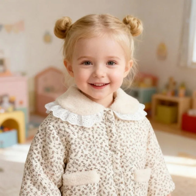 Модни зимни дрехи за бебета за момичета, яке с дебела дантелена яка с агнешко принт, топло флорално яке за малко дете, бебешко връхно облекло от памук 0-3 години