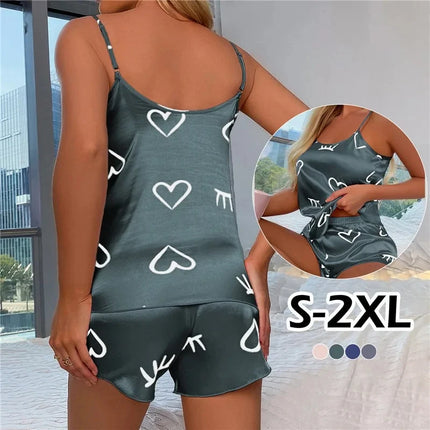 Дамска пижама от ледена коприна, комплект пижама, шорти, потник, размер L, XL, XXL, сив, розов, с ниско деколте, удобни, ежедневни, летни