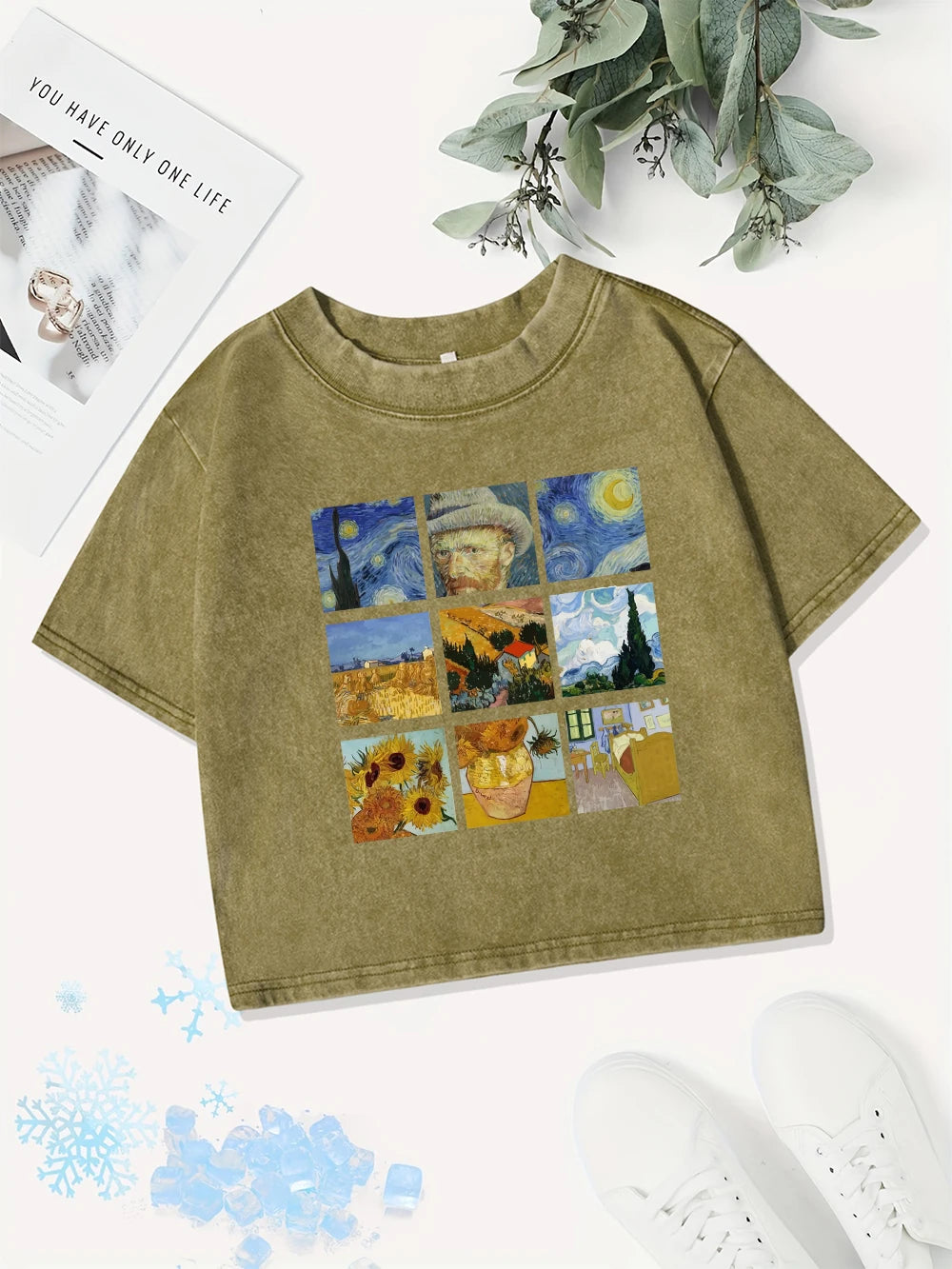 Памучни къси топове за жени, тениска с щампи на Ван Гог „Звездна нощ“, слънчогледи и щампи, изпрана, Y2K O-образно деколте, нормална кройка, летни дрехи