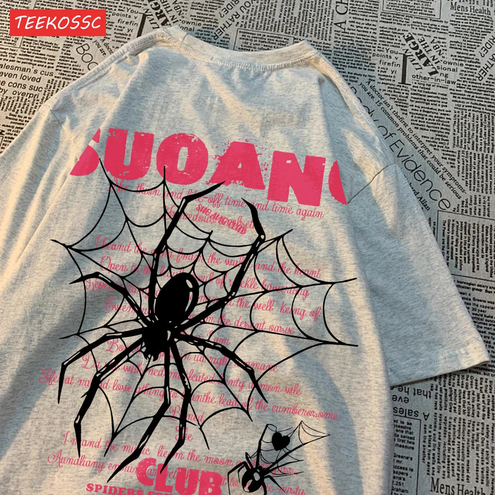Модни памучни дамски тениски Suo Ang Club Spider Print Tops Oversize O-neck Soft Short Sleeve Summer Casual Damske Dress