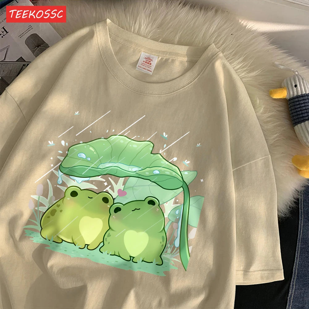 Модни памучни дамски тениски с къс ръкав и принт с две жаби, подслон от дъжда, меки, широки, с О-образно деколте, улични дамски дрехи