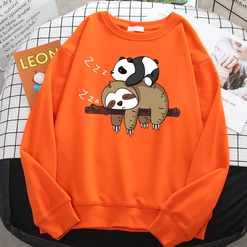 Прости дамски суитчъри с панда, лежаща на ленивец, щамповани качулки с качулка, удобни изцяло математически пуловери с куфар и широка яка