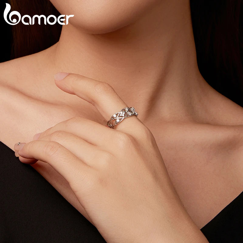 BAMOER Пръстен с късметлийска детелина и моисанит, винтидж лозов кръст, кухи широки пръстени за жени, годежни бижута, вечен елегантен подарък