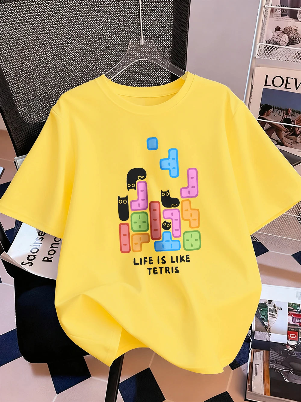 Животът е като тениска с щампа на тетрис, дамска памучна лятна тениска с къс ръкав, широка мека тениска с О-образно деколте, ежедневни дамски дрехи