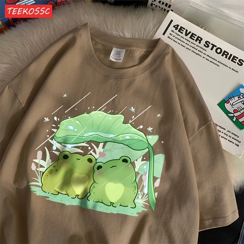 Модни памучни дамски тениски с къс ръкав и принт с две жаби, подслон от дъжда, меки, широки, с О-образно деколте, улични дамски дрехи