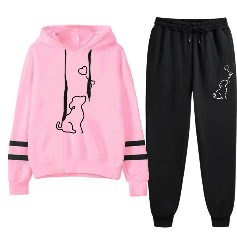 2025 Гореща разпродажба Дамски анцуг с качулка, черен анцуг, градски ежедневен, моден спортен, сладък модел, суичър с качулка, комплект джогери