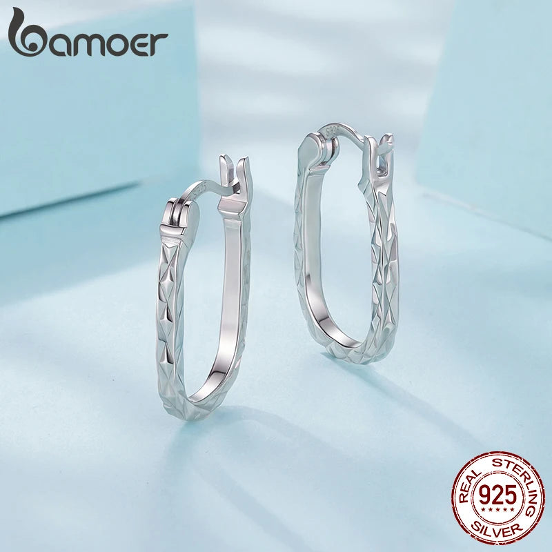 Сребърни обеци BAMOER 925 с резбовани флорални халки за жени, винтидж текстурирани овални квадратни обеци, минималистични бижута, подарък