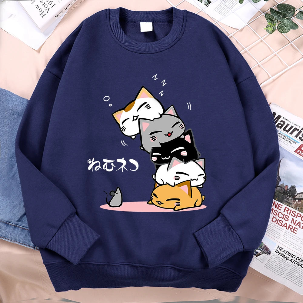 Сладки подредени котки, спящи, не виждай мишката, мъжки дрехи, аниме пуловер с качулки, свободен полар, суичър с качулка, ежедневен с О-образно деколте, улично облекло