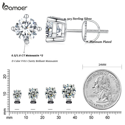 Дамски обеци BAMOER с 4 зъба и моасанит, плътно сребро 925, 2CT VVS1 Lab, с блестящи класически сватбени бижута