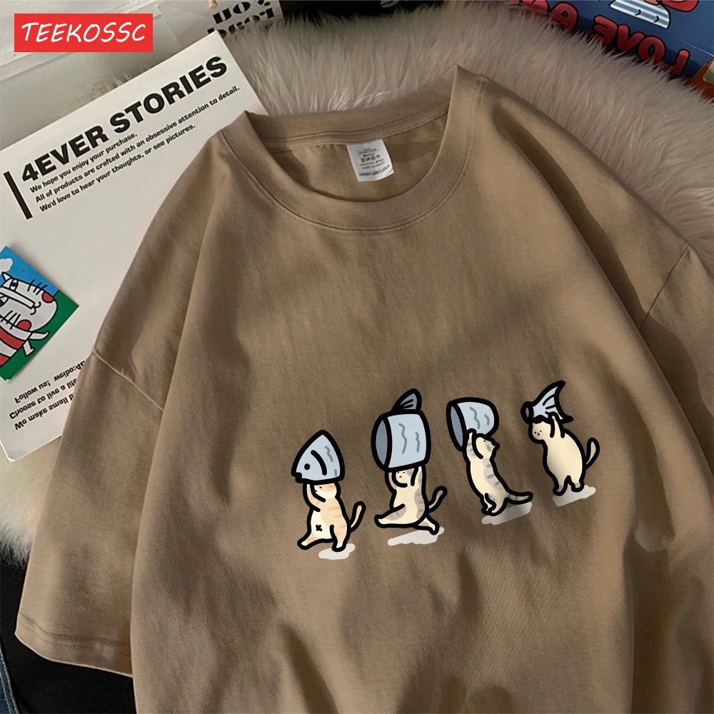 Четири малки котки, държащи рибен памук, дамски тениски с анимационни принтове, меки тениски с О-образно деколте, широки топове с къс ръкав, летни дрехи