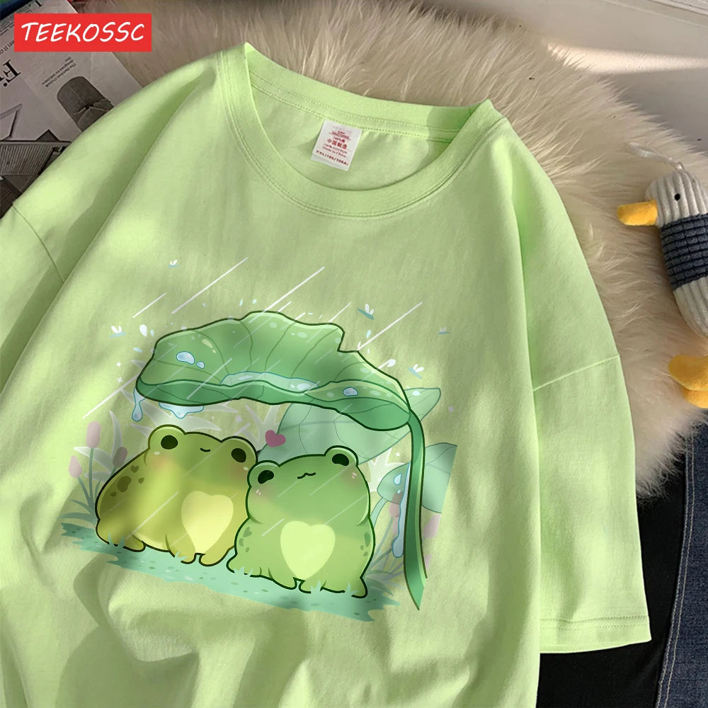 Модни памучни дамски тениски с къс ръкав и принт с две жаби, подслон от дъжда, меки, широки, с О-образно деколте, улични дамски дрехи