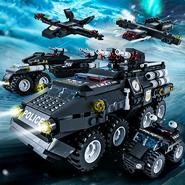 6 в 1 Военни строителни блокове Тигър Полицейска кола Бронирано превозно средство Самолет Комплект Момчета Направи си сам Конструкционни играчки Коледен подарък за рожден ден