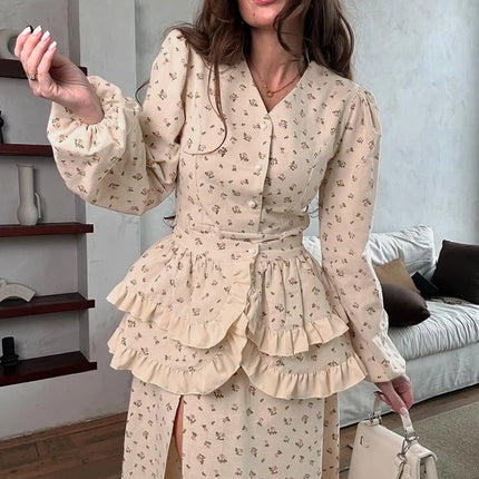 Дамски комплект от две части Clacive Fashion Loose Print 2025, елегантна риза с дълъг ръкав и висока талия, пола до глезена