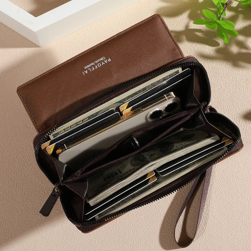 1 бр. Класически мъжки портфейл от изкуствена кожа, двуслоен с копче, цип, отделение за карти и снимки, цветни блокове