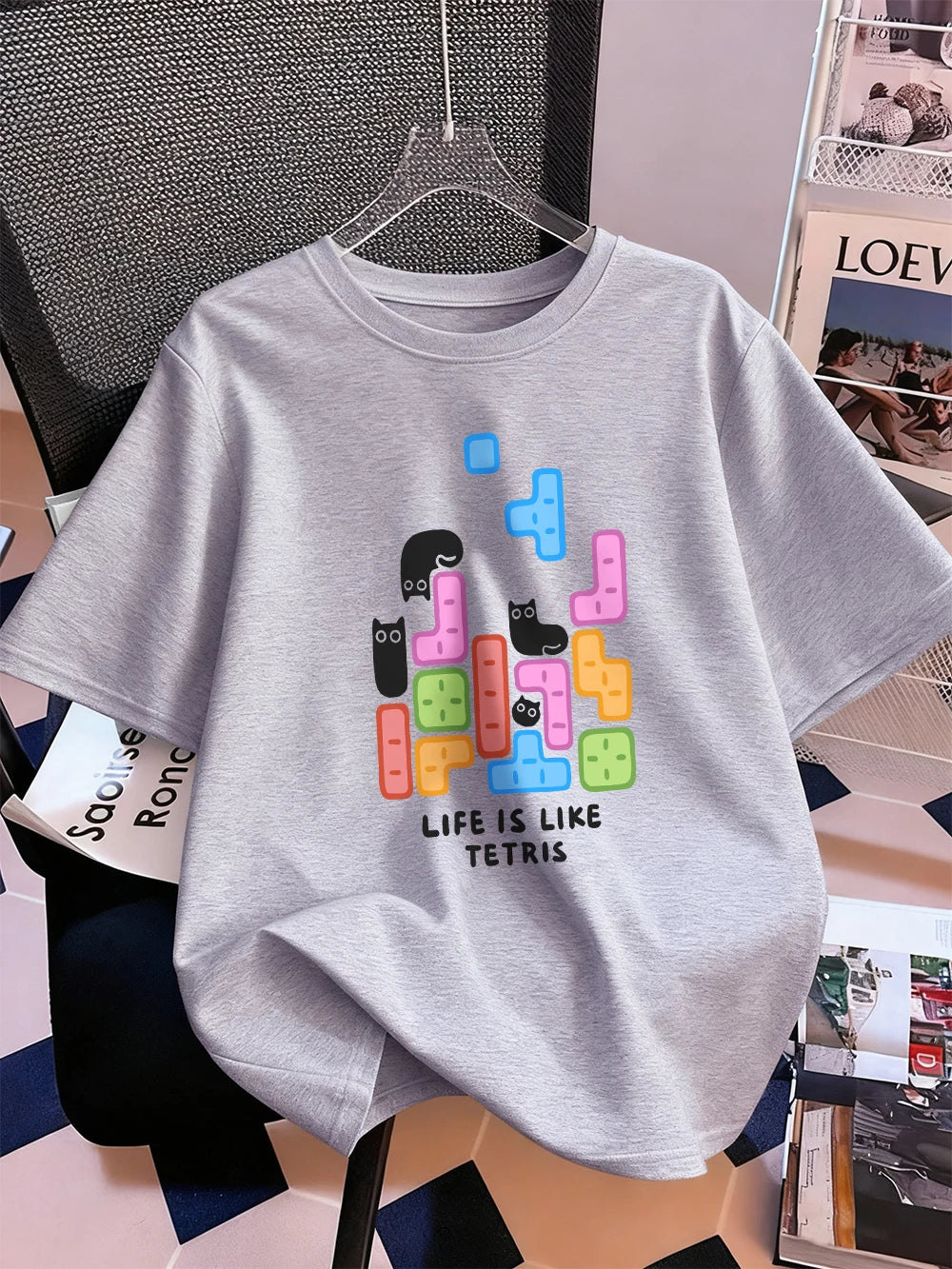 Животът е като тениска с щампа на тетрис, дамска памучна лятна тениска с къс ръкав, широка мека тениска с О-образно деколте, ежедневни дамски дрехи