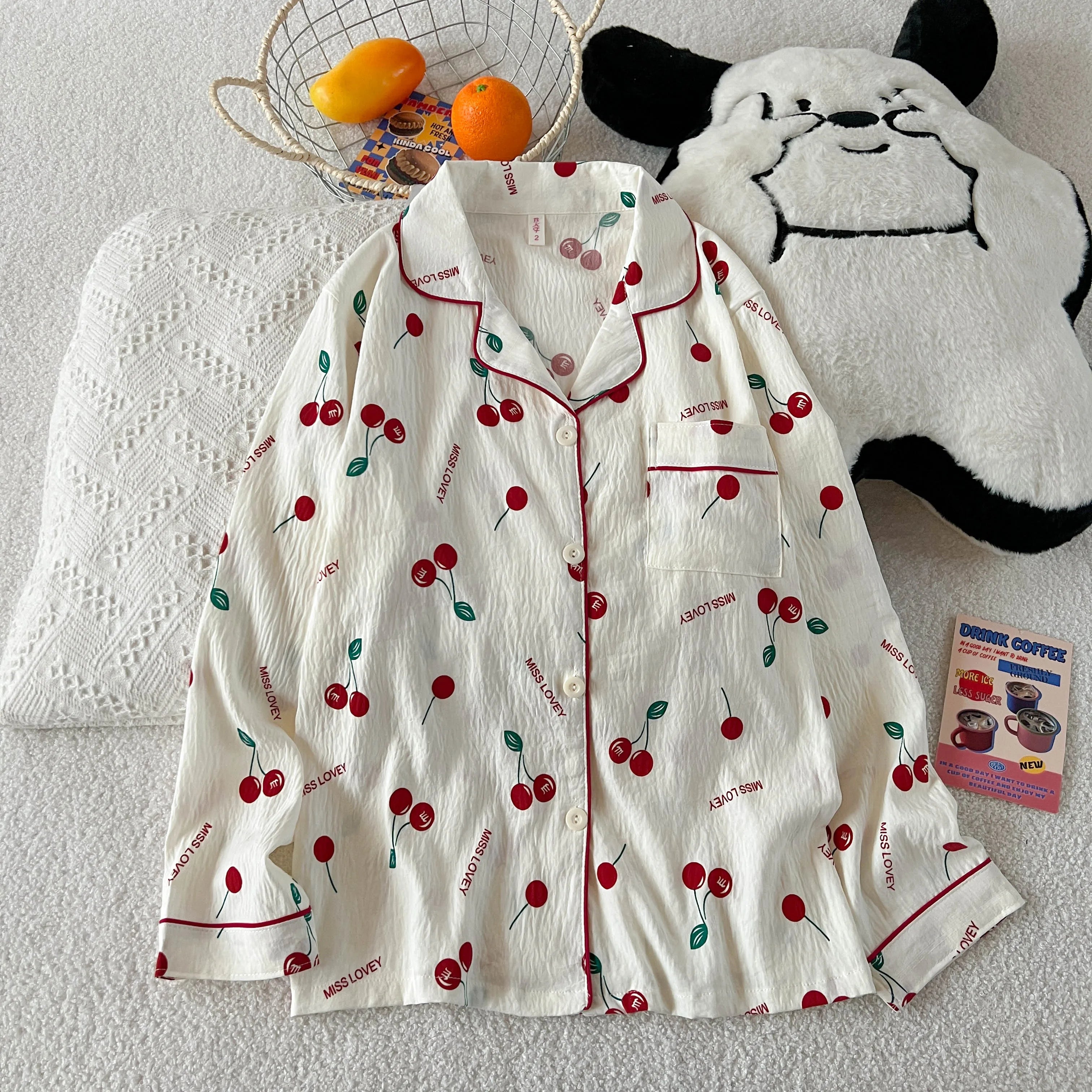 Дамски пижамен комплект с черешов принт, есенно-пролетен кариран принт, домашен комплект с дълъг ръкав, жилетка и панталон