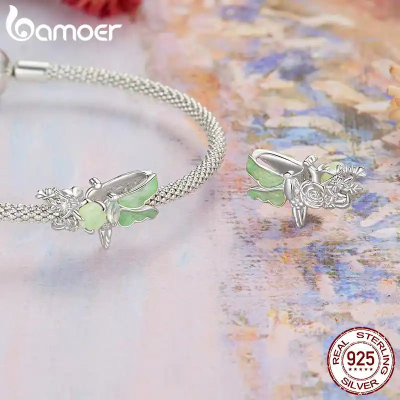 BAMOER Плътно сребро 925, зелено импресия, талисман „Водно конче“, подходящ за оригинална гривна „Направи си сам“ за бижута, аксесоари, мъниста bamoer