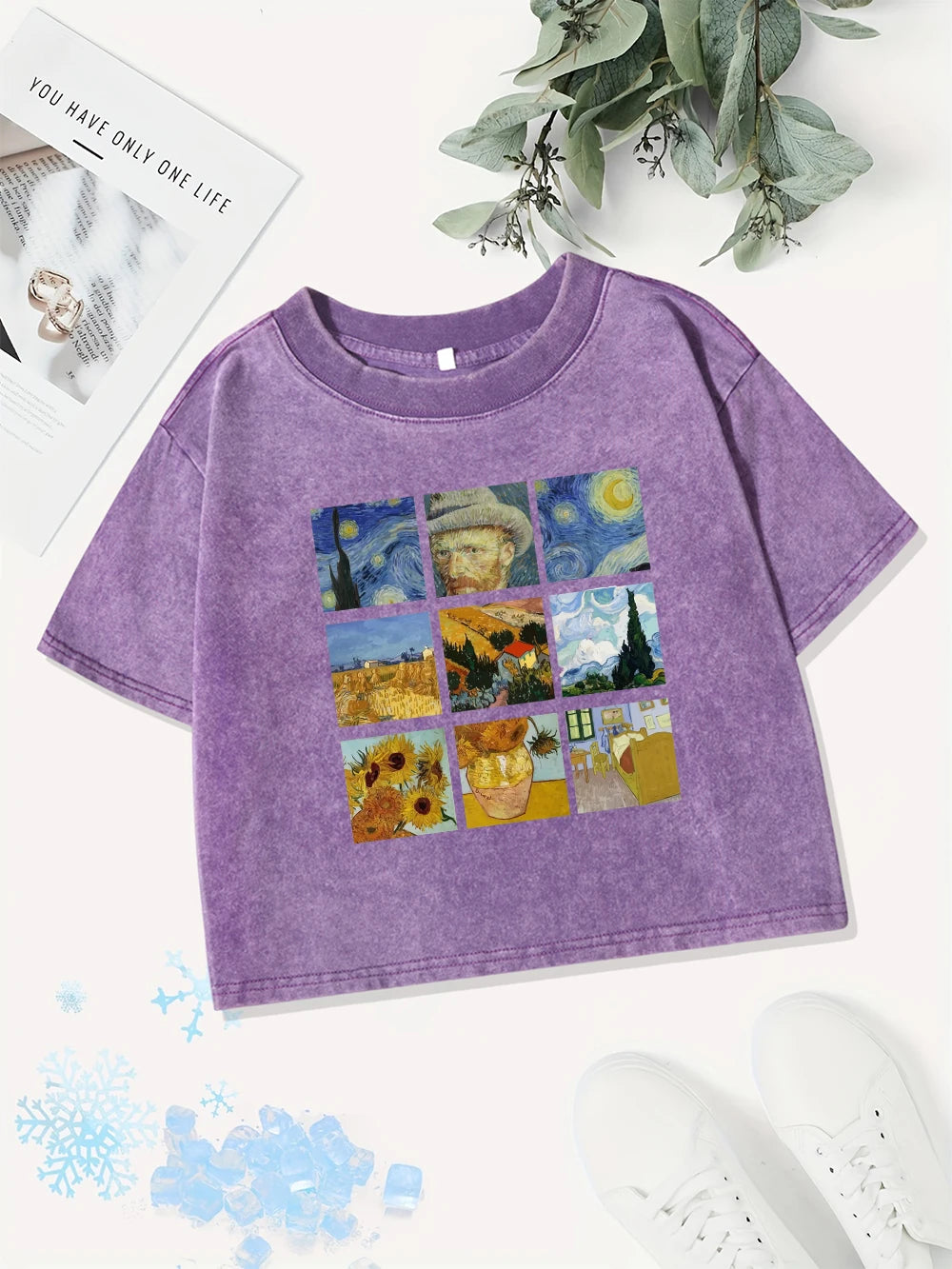 Памучни къси топове за жени, тениска с щампи на Ван Гог „Звездна нощ“, слънчогледи и щампи, изпрана, Y2K O-образно деколте, нормална кройка, летни дрехи