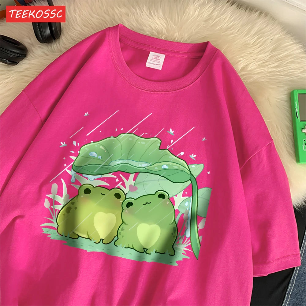 Модни памучни дамски тениски с къс ръкав и принт с две жаби, подслон от дъжда, меки, широки, с О-образно деколте, улични дамски дрехи