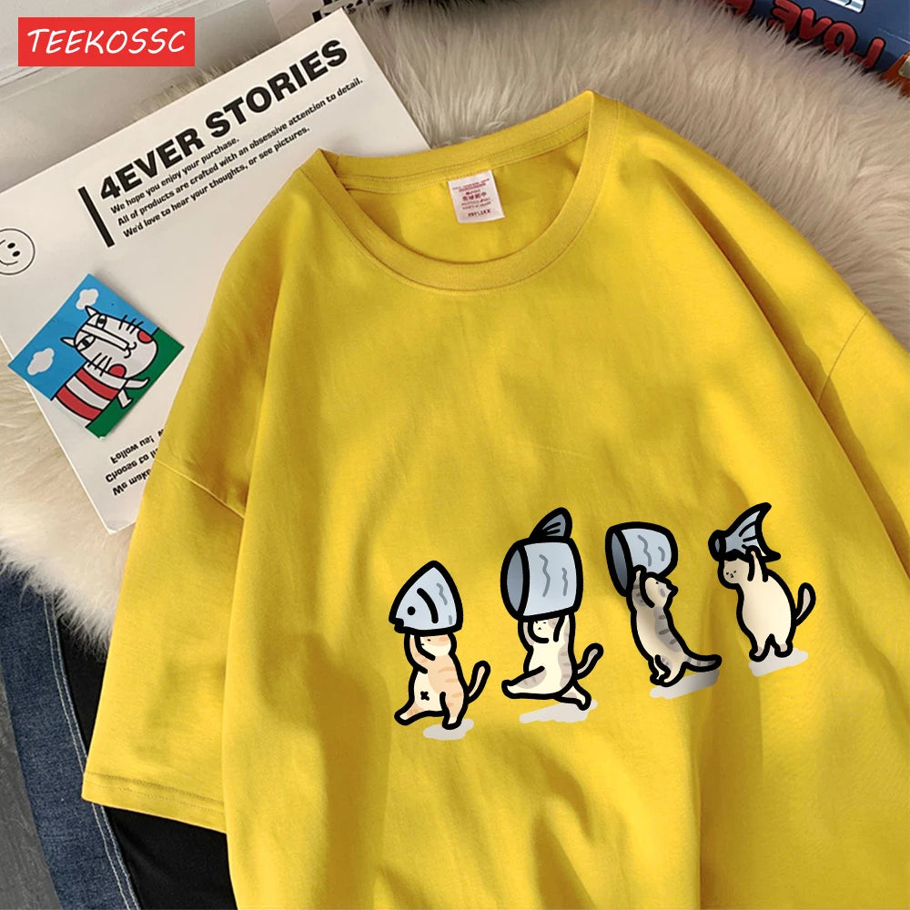 Четири малки котки, държащи рибен памук, дамски тениски с анимационни принтове, меки тениски с О-образно деколте, широки топове с къс ръкав, летни дрехи