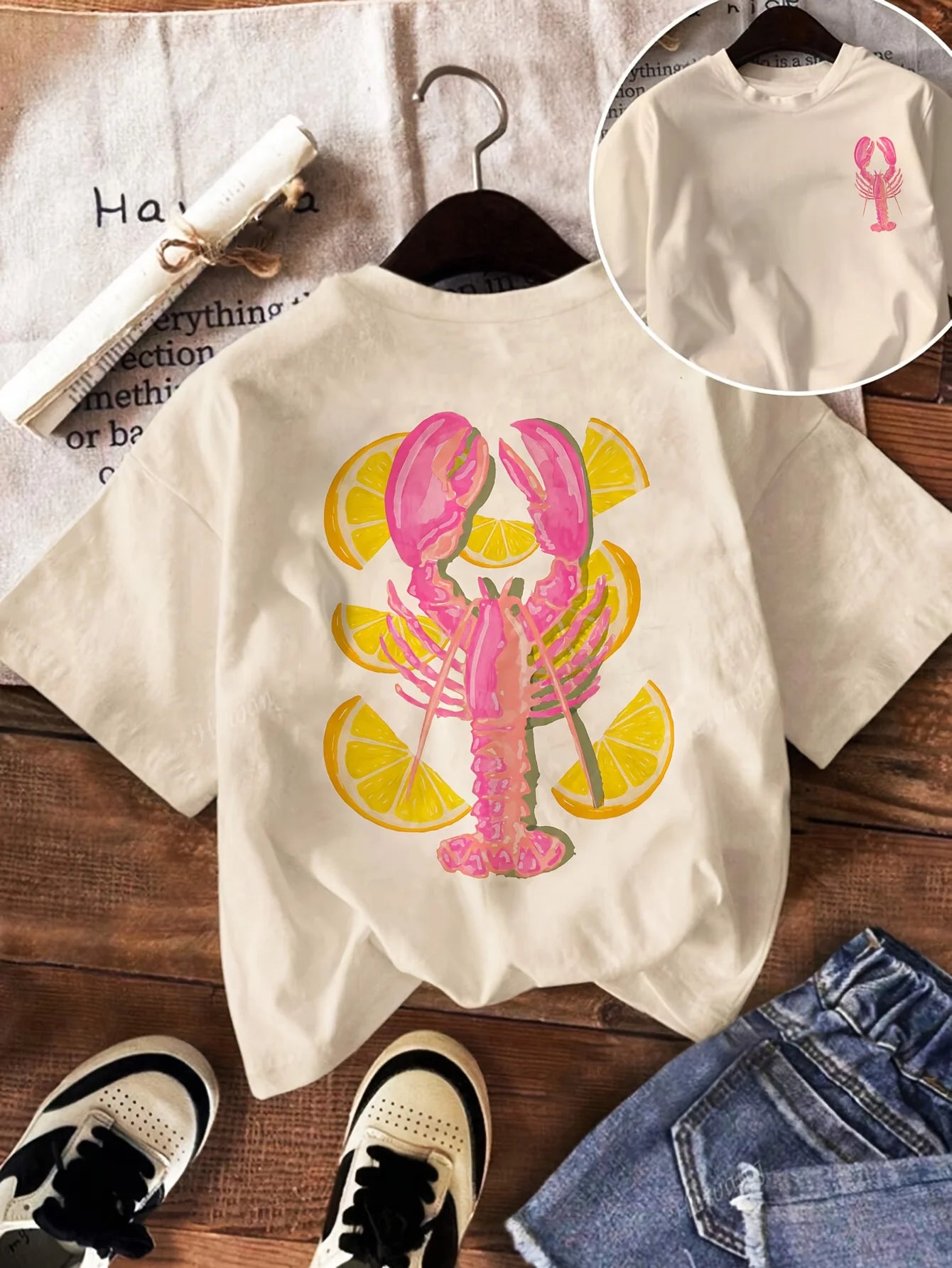 Дамска тениска с къс ръкав с шарка на омар и резен лимон, летен топ, дамско плажно облекло, лятно улично облекло, графични тениски за жени от 2000 г.