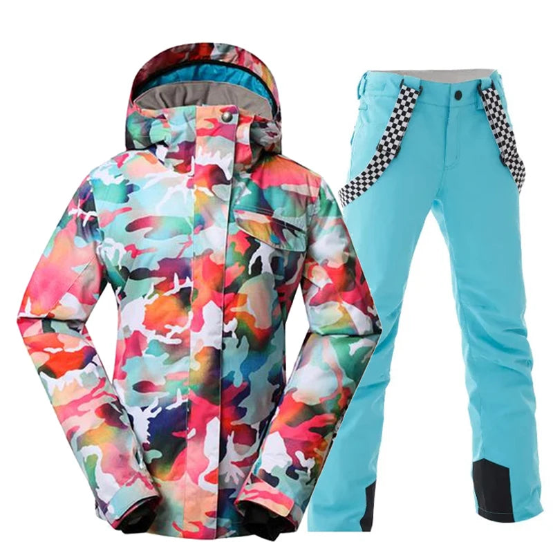 Комплекти за сноуборд за жени, Спортове на открито, Ски облекло, Водоустойчиво, Зимно облекло, Якета и панталони, Камуфлаж, Момиче