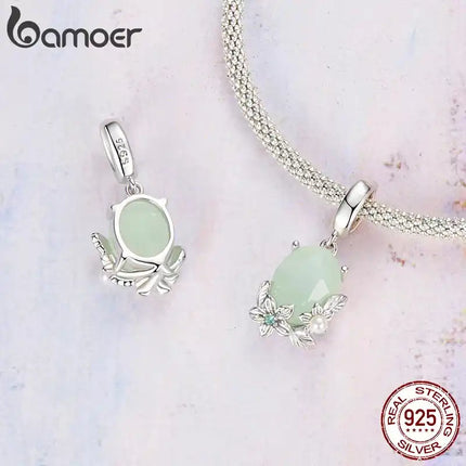 BAMOER Плътно сребро 925, зелено импресия, талисман „Водно конче“, подходящ за оригинална гривна „Направи си сам“ за бижута, аксесоари, мъниста bamoer