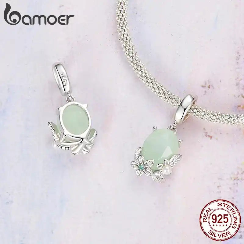 BAMOER Плътно сребро 925, зелено импресия, талисман „Водно конче“, подходящ за оригинална гривна „Направи си сам“ за бижута, аксесоари, мъниста bamoer