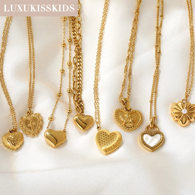 LUXUKISSKIDS Модерно колие от неръждаема стомана със сърце за жени/момичета, шикозни семпли романтични бижута с любовен чар, подаръци за парти