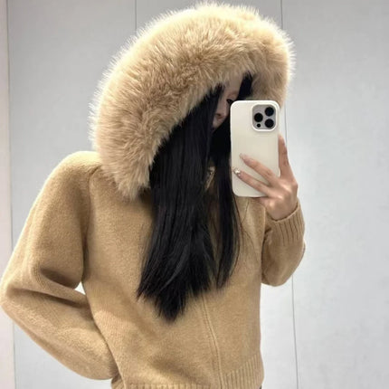 Плетено яке за жени, пролетно модно плетено яке, женско есенно палто с качулка от истинска лисича кожа, естествено късо кожено палто, ежедневно