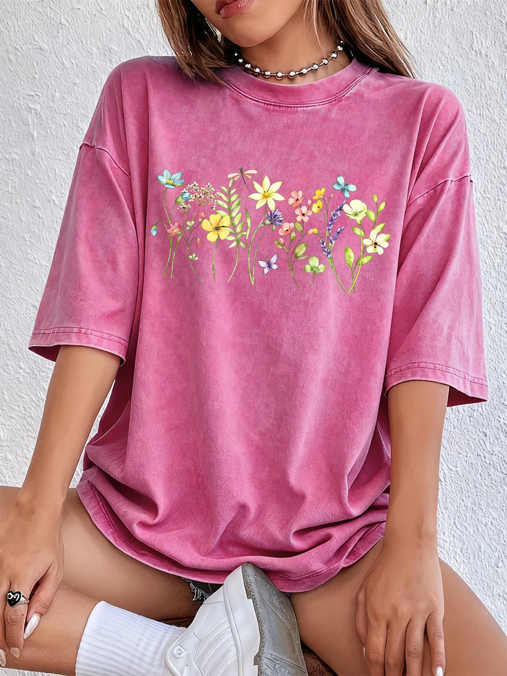 Памучни тениски с принтове „Цветя привличат водни кончета“, жени, летни, големи топове, мека тениска с О-образно деколте, ежедневни дрехи