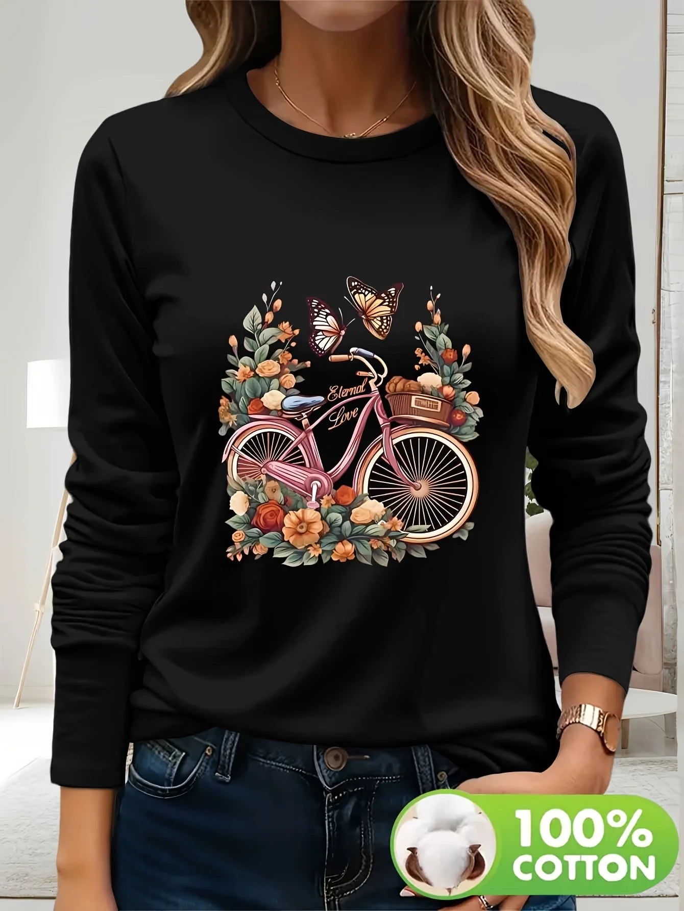 Дамска ежедневна тениска с дълъг ръкав, черна, с флорален принт на велосипеди и пеперуди, 100% памучен топ с кръгло деколте, за пролет/лято