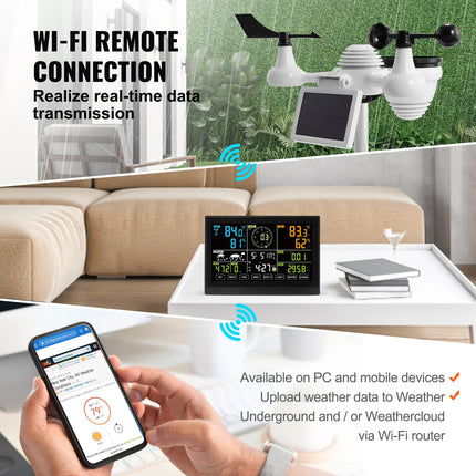 SucceBuy 7-в-1 Wi-Fi метеорологична станция с 7,5-инчов цветен дисплей и безжичен соларен външен сензор, алармени сигнали за температура и влажност