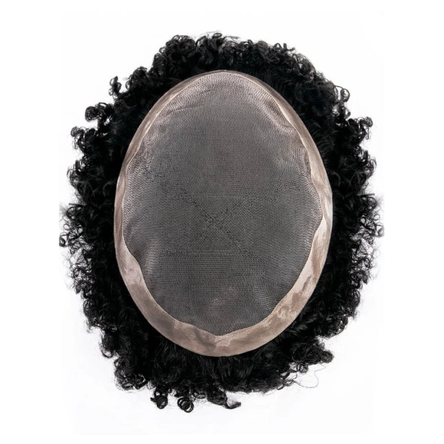 QHP Мъжка капилярна протеза Фина моно NPU перука Права къдрава перука от човешка коса Мъжка издръжлива естествена система за подмяна на коса