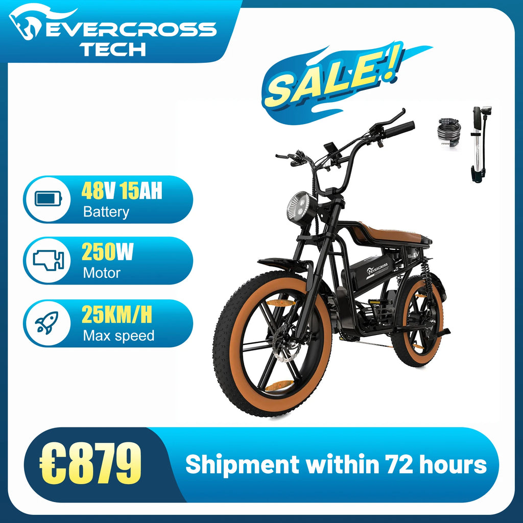 EVERCROSS TECH EK30 Електрически велосипед за възрастни, електрическа кола, гуми 20"x4.0, мотор 250W, скорост 25 км/ч, автономия 100 км