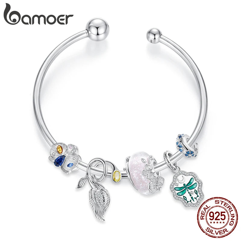 Bamoer 925 стерлингово сребро висулка син лотос растение розово цвете мурански мъниста силиконов дистанционер за жени DIY бижута пролетен подарък