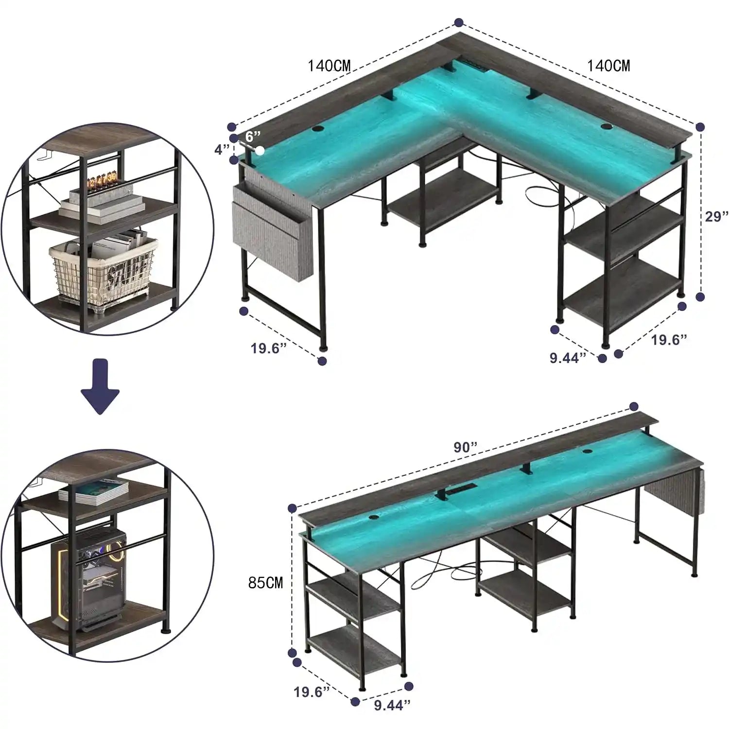 L-образно бюро, компютърна маса с контакт за рафт, USB LED RGB, геймърска офис маса, сива/черна