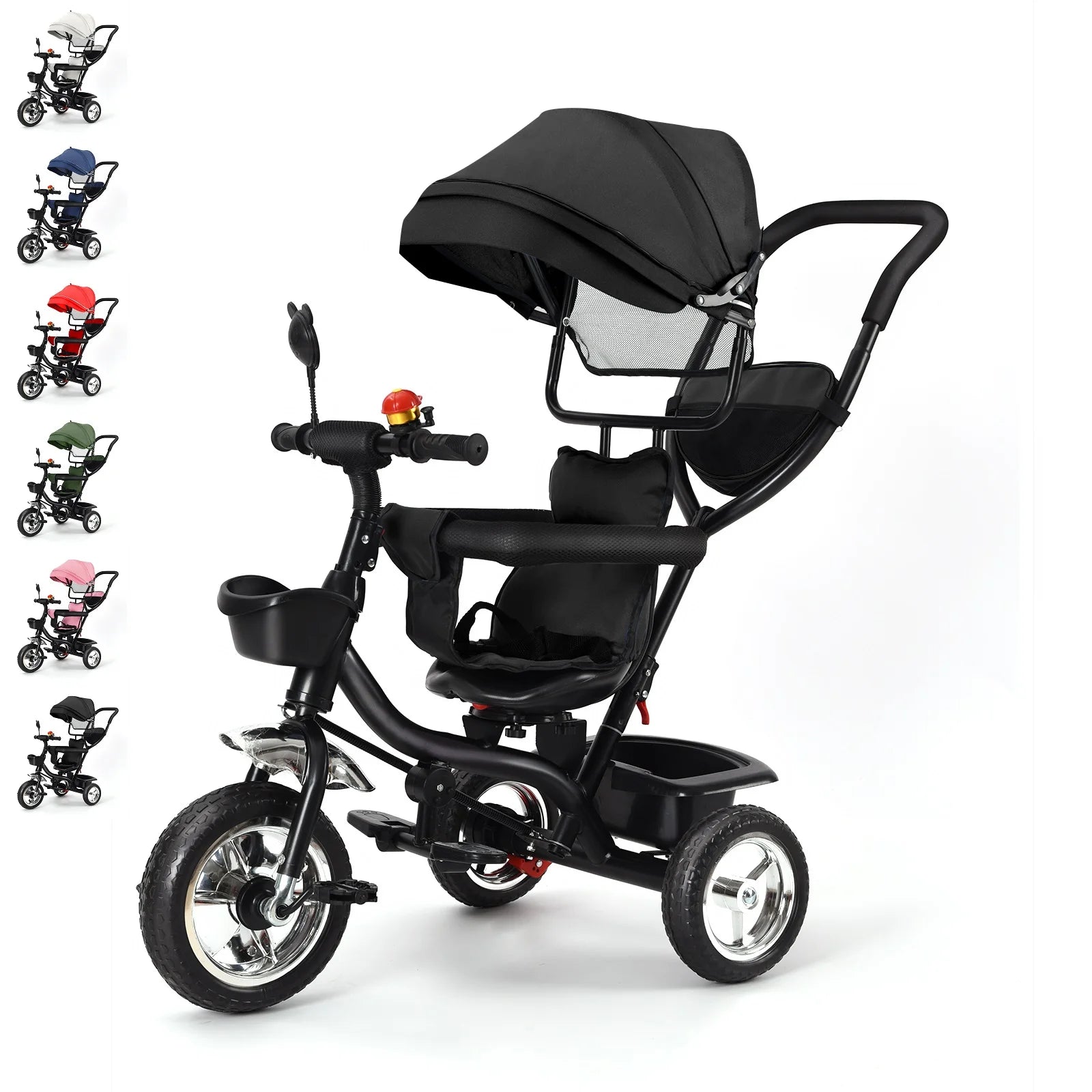 Мащабируема бебешка триколка от 1 до 5 години, велосипед за възрастни хора плюс деца, обръщаема седалка, голяма кошница и чанта, по-големи колела, с дръжка за притискане, зелено/розово/черно/червено/синьо/сиво